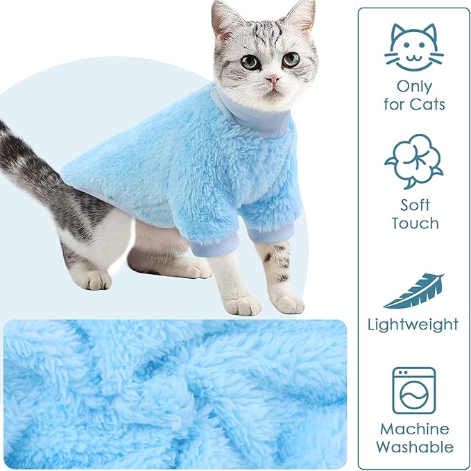 SUNFURA Sphynx Cat Sweater, Hairless Cats Turtleneck Pullover Kitten Sweaters for Cats Only, Warm and Soft Cat Pajamas Shirt with Sleeves Pet Winter Clothes Fleece Jumpsuit for Puppy, Blue S