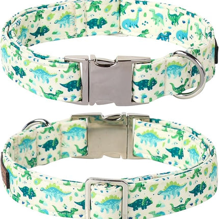 Lionet Paws Dinosaur Dog Collar with Bowtie, Cute Summer Beige Dog Collar for Girl for Large Dogs, Adjustable Cotton Pet Collars for Large Dogs
