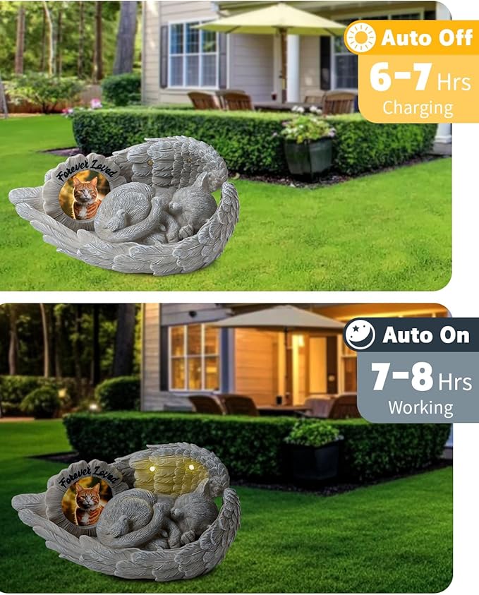 Cat Memorial Gift, Angel Memorial Cat Statue with Photo Frame, Forever My Guardian Angel Garden Solar Light Cats for Pet Memorial Stone