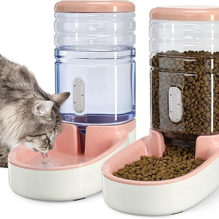 Automatic Dog Cat Feeder and Water Dispenser Gravity Food Feeder and Waterer Set with Pet Food Bowl for Small Medium Dog Puppy Kitten, Large Capacity 1 Gallon x 2(Pink)