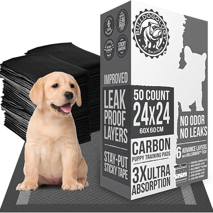 Bulldoglogy 50-Count Carbon Black Dog Pads Puppy Training Pads with Adhesive Tape 24x24 - Large Charcoal Puppy Pads Dog Training Wee Pads, Odor Control Thick Pee Pads for Dogs Extra Quick Dry