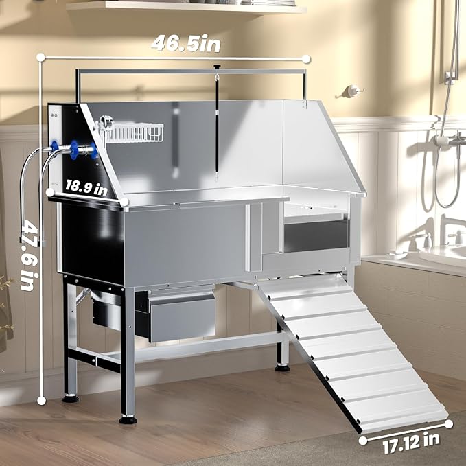 Dog Washing Station,Professional 46" Stainless Steel Dog Bathing Station Height Adjustable Dog Wash Station for Home Dog Grooming Tub Ramp, Drawer, Floor Grate & Fauct (R Ramp)