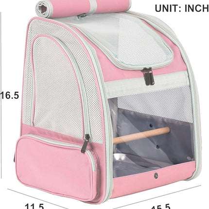 Bird Carrier Backpack with Wooden Stand Perch, Vented and Breathable Bag to Carry Parakeet Cockatiel Conure Parrot (Pink, Bird Backpack)
