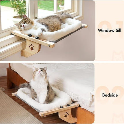 AMOSIJOY Cat Sill Window Perch Sturdy Hammock Seat with Cushion Bed Cover, Wood & Metal Frame for Large Cats, Easy to Adjust Windowsill, Bedside, Drawer and Cabinet (L)