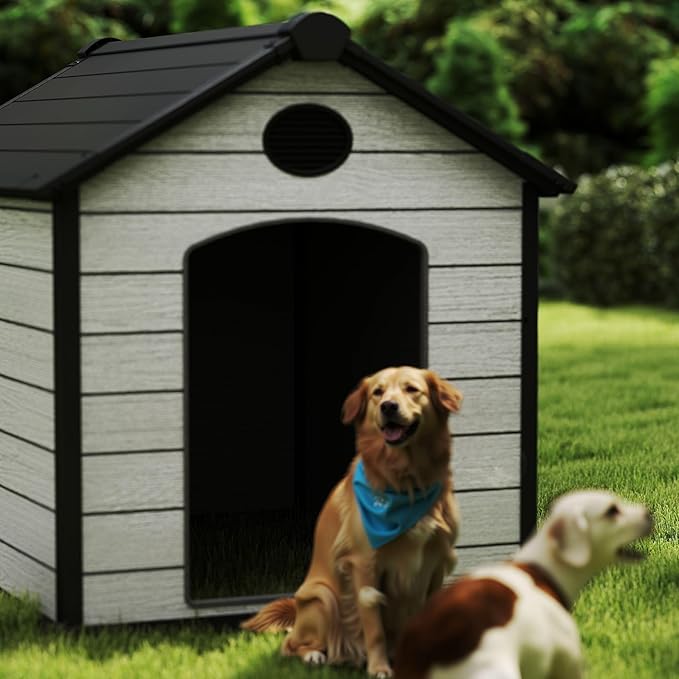 57" Extra Large Dog House Outdoor Weatherproof, 5XL Big Dog House for 3 Large Dogs Outside, Insulated Igloo Pet House with Elevated Floor, Extra Durable Resin Plastic, 57Lx47Wx50H, Cemented Grey