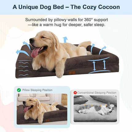 Large Orthopedic Dog Bed for Large Dogs, Waterproof Dog Bed with Removable Cover, 4-Sides Removable Bolster Dog Soft Sofa Bed with Non-Slip Bottom, Brown