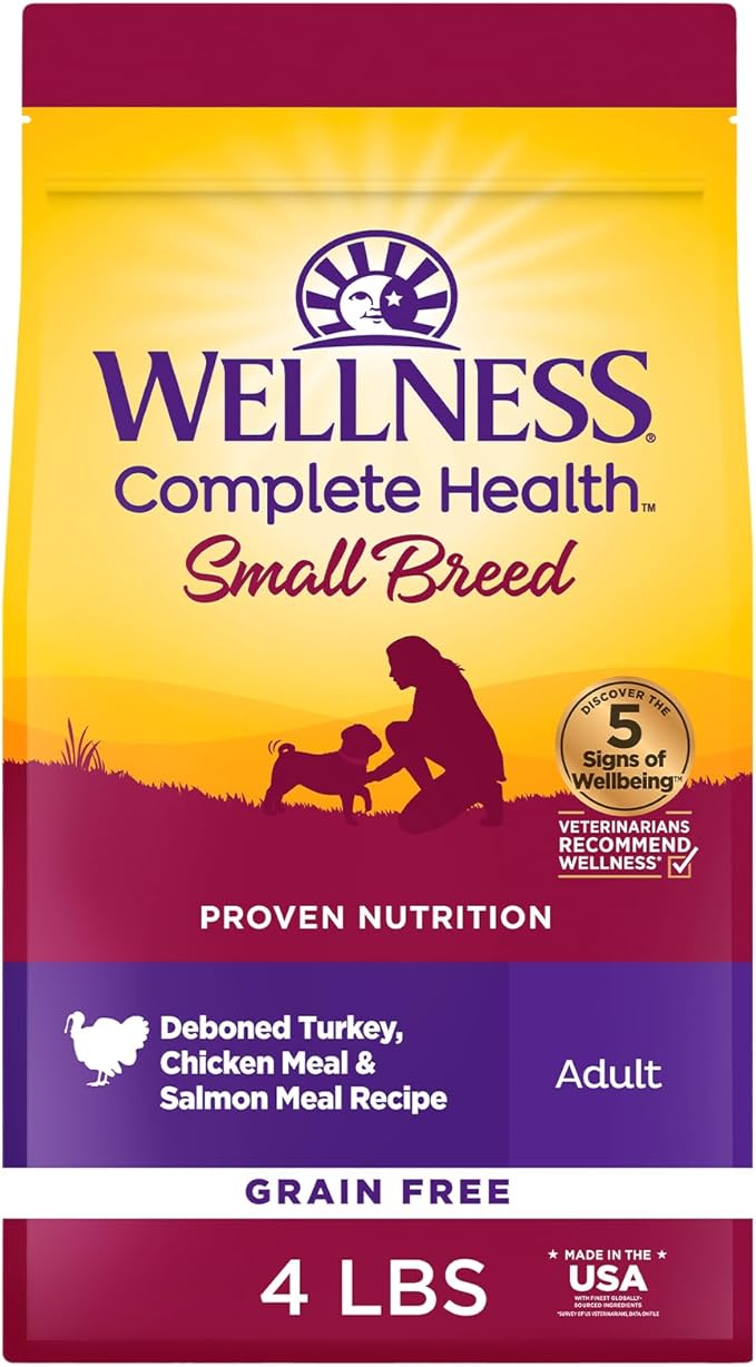 Wellness Complete Health Dry Dog Food, Small Breed, Grain Free, Natural, Turkey, Chicken, & Salmon Recipe (4-Pound Bag)