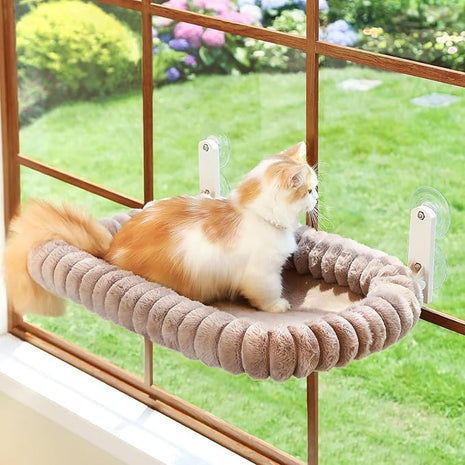 Zakkart SnugCloud Foldable Cat Window Perch - Cordless, Ultra Soft Machine Washable Bed with 4-Sided Bolster, Metal Frame - Window Hammock for Large Cats and Kittens (Brown, Large)