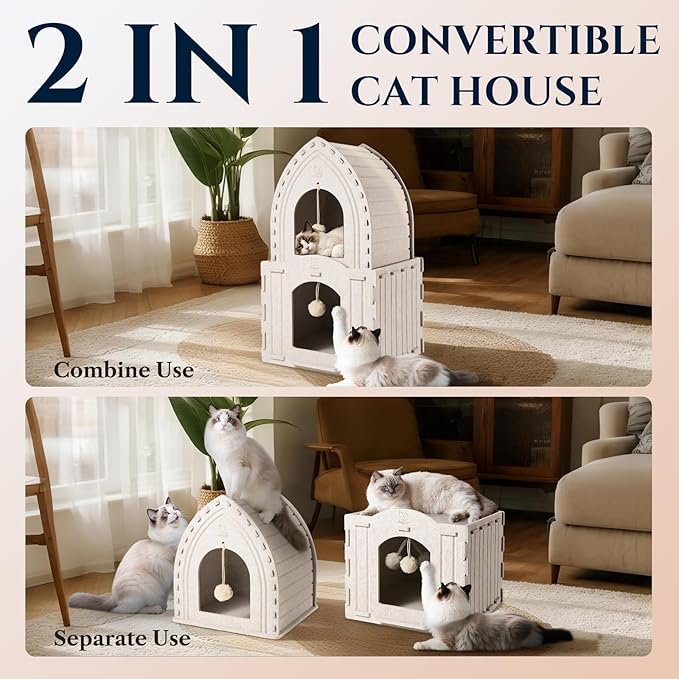Apasiri 2-Story Cat House for Indoor Cats: Convertible 2-in-1 Felt Cat Condo, Scratch-Resistant Cat Beds, Hideaway Cave for Multi Small Pet Kitten to Relief Anxious, Transitional Modern Cat Furniture