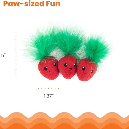 Catstages Strawbabies 3-Pack Catnip Cat Toys for Dental Health, Feather & Crinkle Teething Toys for Kittens and Indoor Cats, Interactive Play, Pink