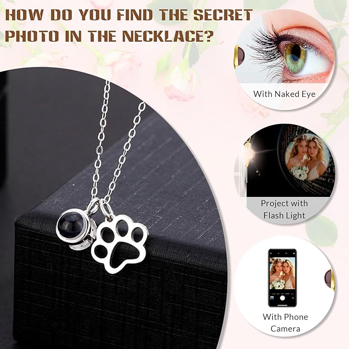 Personalized Picture Necklace with picture inside Custom Projection Necklace Cat/Dog Paw Print Pet Memorial Necklaces for Pet Lovers, Photo Gifts for Anniversary Dog Lovers