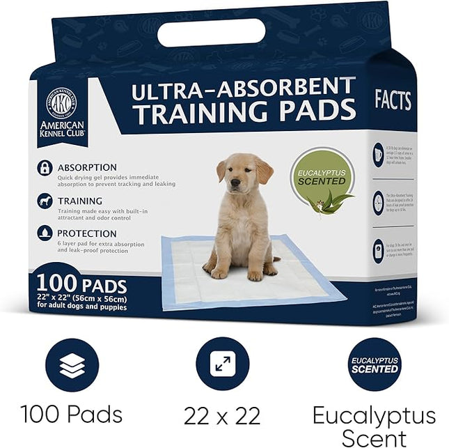 AMERICAN KENNEL CLUB AKC62975 6-Layer Leak-proof Puppy Training Pads - 22x22 Inches, Green, Synthetic, Disposable-Pet-Training-Pads, Pack of 100