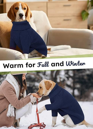 Queenmore XXL Dog Sweater, Large Paild Dog Sweaters, Turtleneck Pet Sweaters for Large Breeds, Cold Weather Doggie Clothes, Navy Blue 2XL