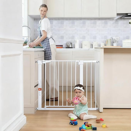 COMOMY 30" Tall Baby Gate for Stairs Doorways, Fits Openings 29.5" to 40.5" Wide, Auto Close Extra Wide Dog Gate for House, Pressure Mounted Easy Walk Through Pet Gate with Door, White