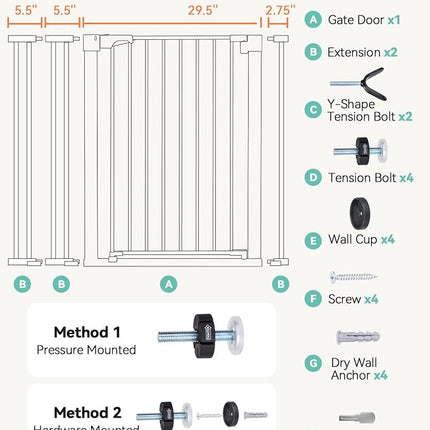 COMOMY 36" Extra Tall Baby Gate for Stairs Doorways, Fits Openings 29.5" to 46" Wide, Auto Close Extra Wide Dog Gate for House, Pressure Mounted Easy Walk Through Pet Gate with Door, Black