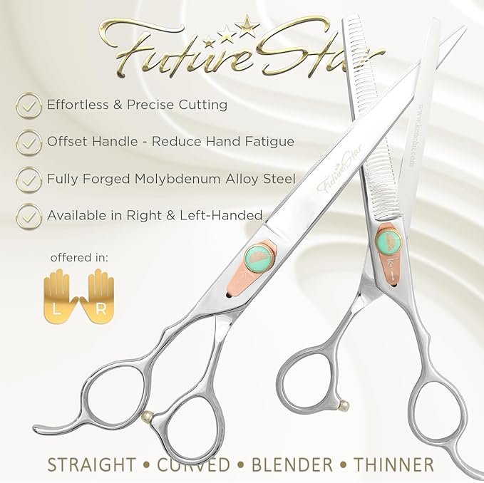 Kenchii Future Star Dog Grooming Scissors Righty Set Premium Kit for Novice & Pro Groomers Straight Curved Thinner & Blender Shears with Micro Serrated Blades Includes Case and Inserts.