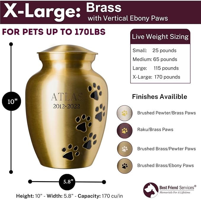 Ottillie Paws Elite Series Personalized Pet Urn for Dogs and Cats - Pet Memorial Urns with Custom Engraving (Brass, Vertical, Ebony, X-Large)