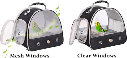 Bird Carrier, Portable Small Bird Parrot Parakeet Carrier with Standing Perch, Side Access Window Collapsible (Black, Mesh Windows)