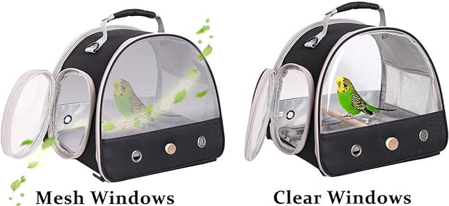 Bird Carrier, Portable Small Bird Parrot Parakeet Carrier with Standing Perch, Side Access Window Collapsible (Black, Mesh Windows)