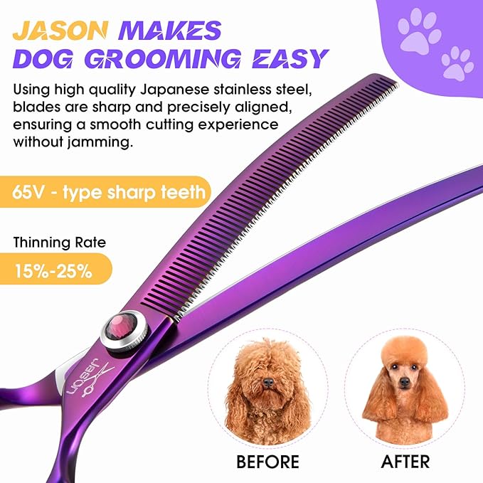 JASON 7.5" Dog Grooming Scissors - Professional Curved Thinning Shears for Grooming, Japanese 440C Stainless Steel Blender Shears with Diamond Adjustable Screw (65 Teeth, Purple)