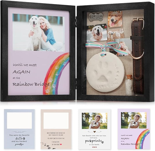 JupDec Dog Memorial Gifts Pet Shadow Box Wooden Picture Frame with Clay Paw Print Kit for Loss of Dog & Cat Remembrance Sympathy Deep Display Case for Keepsake Collar Hair (Black)
