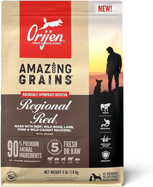 ORIJEN Amazing Grains High Protein Dry Dog Food Regional Red Recipe 4lb Bag