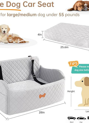 Car Seat for Large Size Dog, Booster Seat for Dogs Under 55 lbs or 2 Small Dogs, Soft Car Dog Bed Filling in Thick Memory Foam with 2 Safety Leashes and Storage Pocket (Grey)