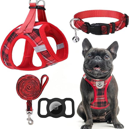 EXPAWLORER Classic Plaid Puppy Harness - Small Dog Harness and Leash Set - Dog Collar and Leash Set with AirTag Holder, Soft Padded Step in Dog Vest Harness No Pull Reflective for Outdoor, Red S