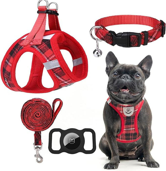 EXPAWLORER Classic Plaid Puppy Harness - Small Dog Harness and Leash Set - Dog Collar and Leash Set with AirTag Holder, Soft Padded Step in Dog Vest Harness No Pull Reflective for Outdoor, Red S