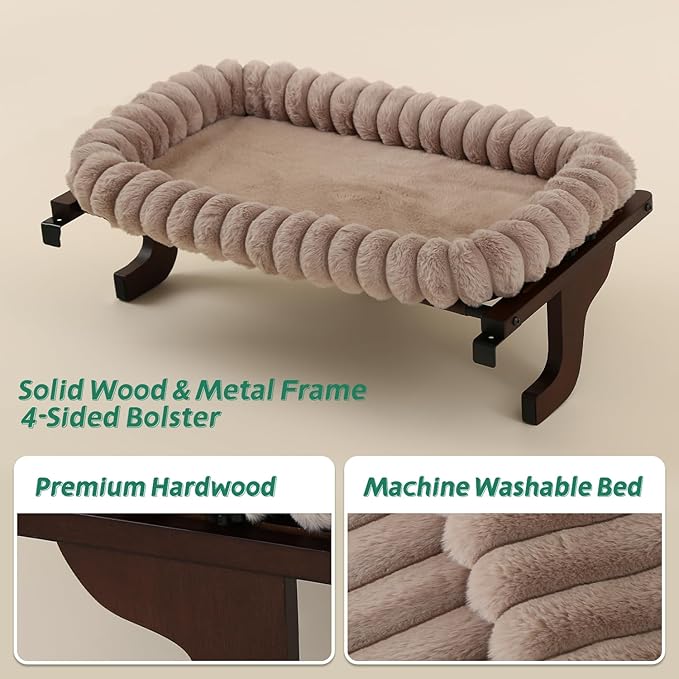 Zakkart SnugCloud Cat Window Perch with 4-Sided Bolster - Orthopedic Cat Hammock for Window Sill - Solid Hardwood & Metal Frame - Window Seat for Pets (Dark Stained Wood w/Brown Bed, Large)