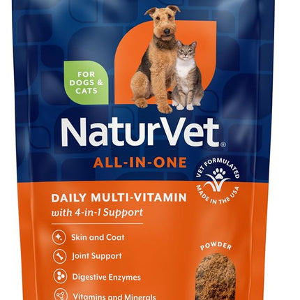 NaturVet All-in-One Dog Supplement - for Joint Support, Digestion, Skin, Coat Care – Dog Multivitamins with Minerals, Omega-3, 6, 9 – Wheat-Free Vitamins for Dogs – 13-Ounce Powder