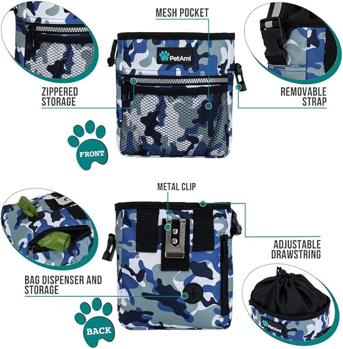 PetAmi Dog Treat Pouch, Pet Treat Pouch for Training, Dog Walking Bag Holder for Kibbles, Pet Food Toy, Dog Trainer Essentials Supplies, Poop Bag Dispenser, 3 Ways to Wear (Camo Blue)