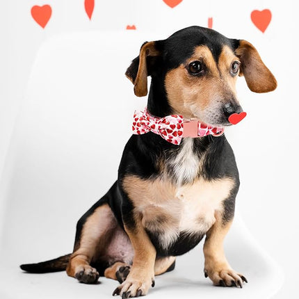 Maca Bates Valentine's Day Dog Collar with Fancy Bow for Small Girl Boy Dogs,Red Love Hearts Pattern,Adjustable Durable Soft Valentine Gift for Female Male Puppy