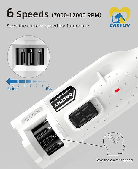 Casfuy Dog Nail Grinder Quiet - (45db) 6-Speed Pet Nail Grinder with 2 LED Lights for Large Medium Small Puppy Dogs/Cats, Professional 3 Ports Rechargeable Electric Dog Nail Trimmer with Dust Cap