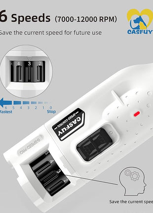 Casfuy Dog Nail Grinder Quiet - (45db) 6-Speed Pet Nail Grinder with 2 LED Lights for Large Medium Small Puppy Dogs/Cats, Professional 3 Ports Rechargeable Electric Dog Nail Trimmer with Dust Cap