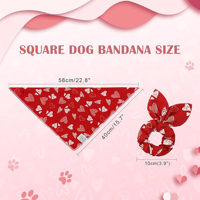 E-Clover Valentines Red Heart Dog Bandanas & Matching Scrunchie Set Cute Girl Dog Scarf Bibs Pet Bandana with Bow Tie for Small Dogs Puppy Owner Mom