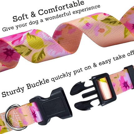 Dog Collar with Bohemia Floral Tribal Geometric Patterns - Soft Ethnic Style Collar Adjustable for Small Medium Large Dogs (Pink Rose, S)