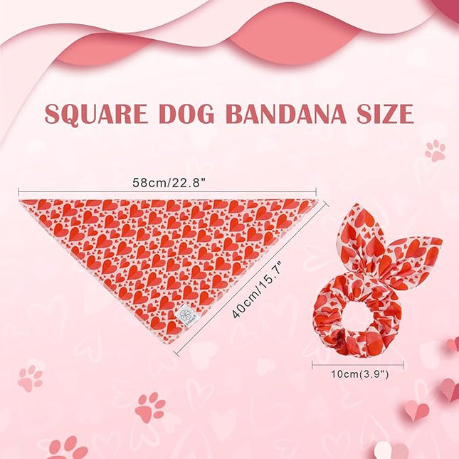 E-Clover Valentines Heart Dog Bandanas & Matching Scrunchie Set Cute Girl Dog Scarf Bibs Pet Bandana with Bow Tie for Small Dogs Puppy Owner Mom Red Pink