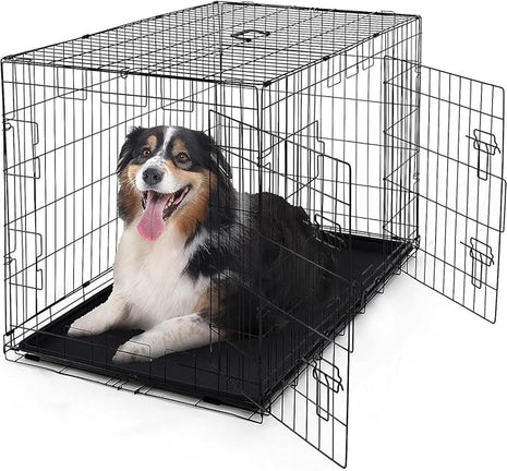 CAPHAUS Foldable Dog Crate Kennel w/Leak-Proof Pan & Divider Panel, Metal Crate, Small, Medium & Large Dog Crate Indoor Wire Cage, 42' w/Double Doors, Black