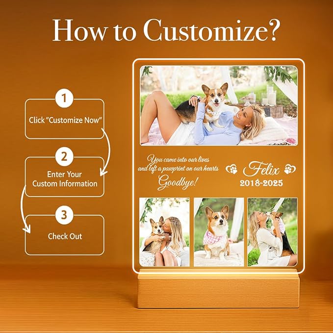 Personalized Pet Memorial Gifts, Dog Memorial Gifts for Loss of Dog, Pet Loss Gifts in Memory of Dog Night Lights, Custom Dog Memorial Plaque, Cat Memorial Photo Frame, Pet Sympathy Gifts