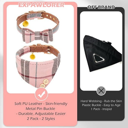 EXPAWLORER Dog Collar Bandana Set - Classic Plaid Dog Bow Tie and Bandana Collar with PU Leather, Adjustable Collars for Small Medium Large Dogs Cats, Holiday Ideal Gift, Pink S