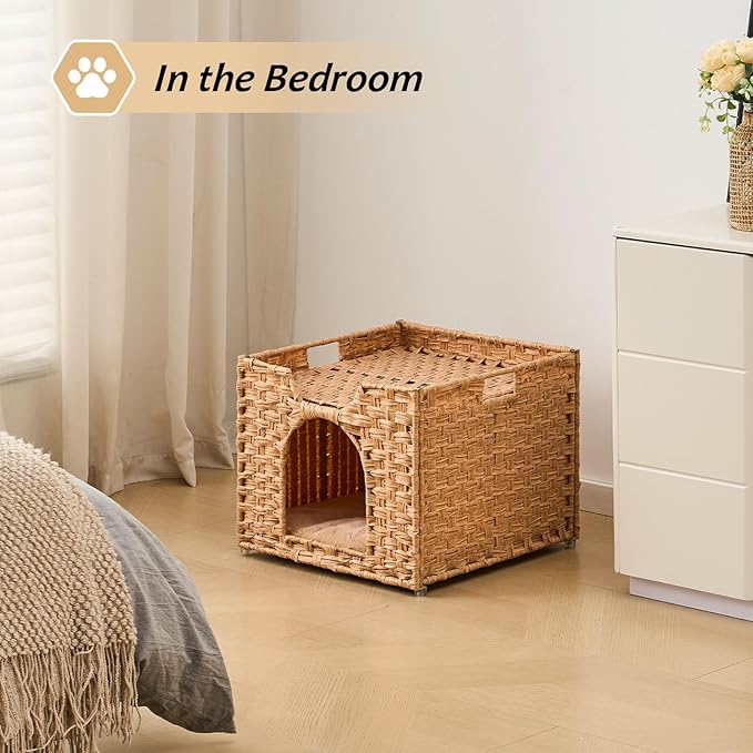 Cat Houses for Indoor Cats, Handwoven Rattan Cat Cave Pet Cube,Foldable Pet Cat House, Cat Beds with Double-Sided Mat, Hideaway, in Living Room Bedroom