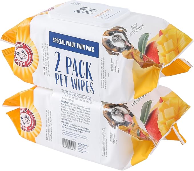 Arm & Hammer for Pets Heavy Duty Multipurpose Bath Wipes for Dogs | All Purpose Dog Wipes Remove Odor & Refresh Skin for Pets | Fruity Mango Scent, Two (2) 100 Count Packs of Pet Wipes