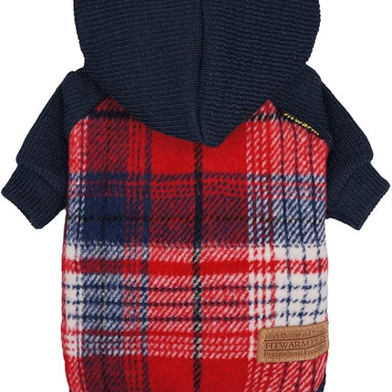 Fitwarm Tartan Plaid Dog Hoodie, Knitted Dog Clothes for Small Dogs Boy, Pet Sweater with Hood, Cat Fleece Lined Winter Outfit, Red, Navy Blue, Large