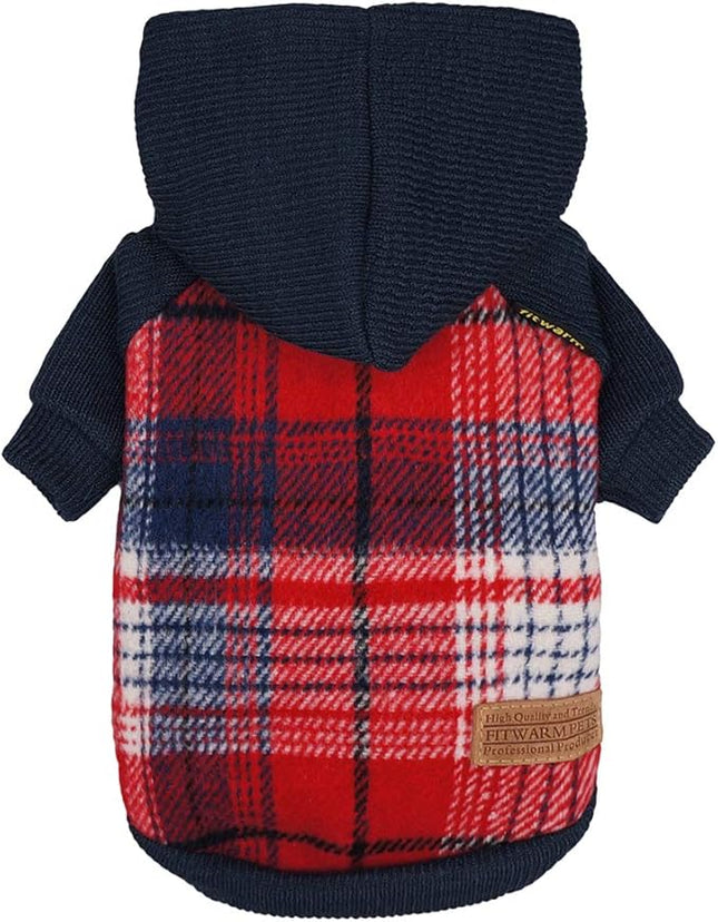Fitwarm Tartan Plaid Dog Hoodie, Knitted Dog Clothes for Small Dogs Boy, Pet Sweater with Hood, Cat Fleece Lined Winter Outfit, Red, Navy Blue, XXL
