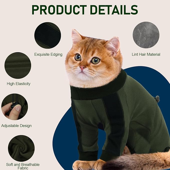 Cat Pajamas for Cats Only, Sticky Hair Cat Clothes, Long Sleeve Sphynx Clothes, Anti-Licking or Skin Disease Recovery Suit for Female Cats, Kitten Onesie Pajamas, ArmyGreen, 2XL