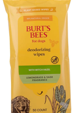 Burt's Bees for Pets Deodorizing Wipes with Witch Hazel, 95% Natural Origin Formulas, Odor Control Dog Wipes - Gentle Dog Deodorizing Wipes, Lemongrass and Sage Fragrance 50ct