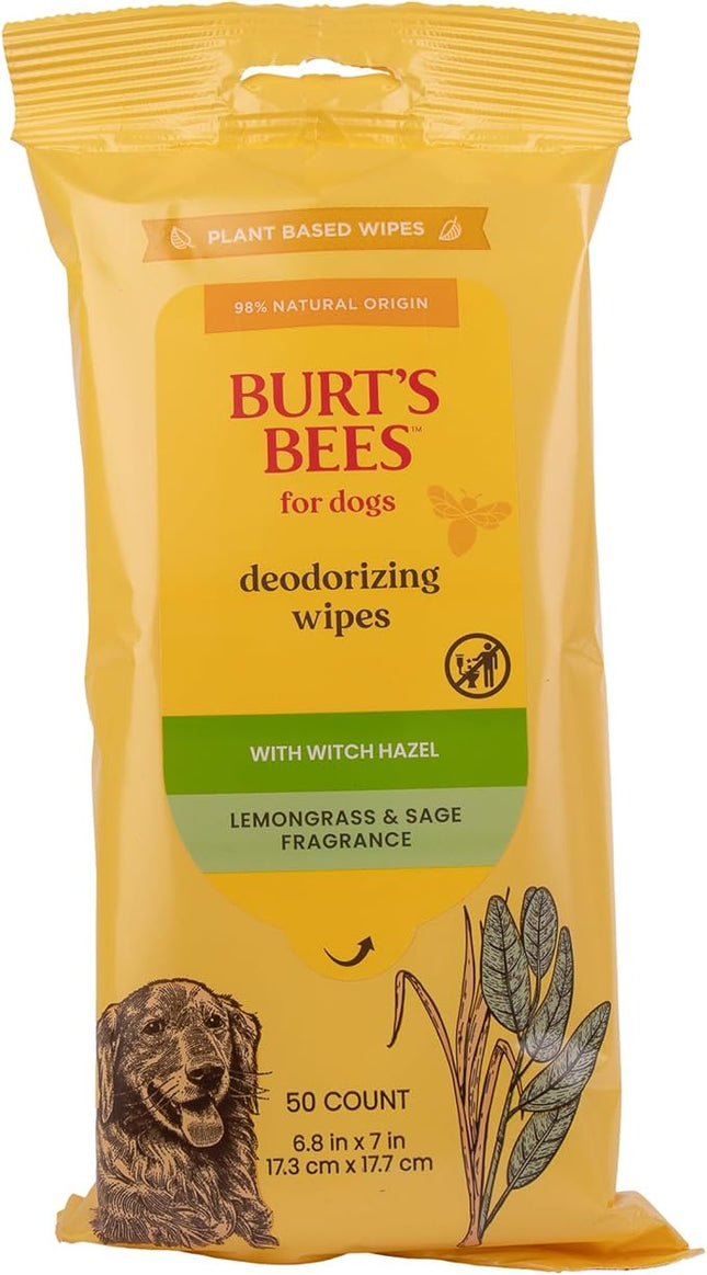 Burt's Bees for Pets Deodorizing Wipes with Witch Hazel, 95% Natural Origin Formulas, Odor Control Dog Wipes - Gentle Dog Deodorizing Wipes, Lemongrass and Sage Fragrance 50ct