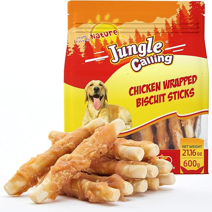 Jungle Calling Chicken Wrapped Biscuit Dog Treats, Grain-Free & Rawhide-Free Dog Chews, Crunchy Training Snacks for Small, Medium & Large Dogs, 21.2 oz
