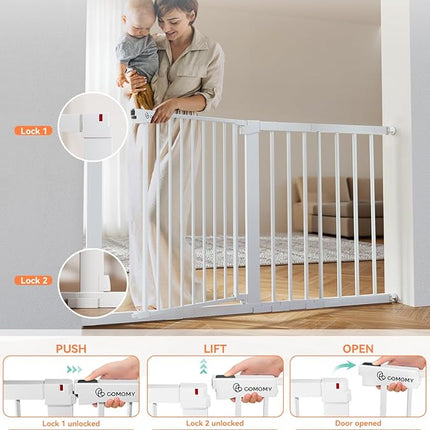 COMOMY 30" Tall Baby Gate for Stairs Doorways, Fits Openings 29.5" to 51.6" Wide, Auto Close Extra Wide Dog Gate for House, Pressure Mounted Easy Walk Through Pet Gate with Door, White